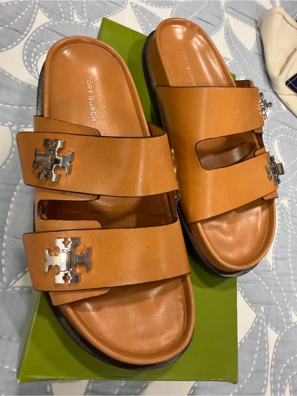 Tory Burch Men's Cognac Leather Double-Strap Slide Sandals